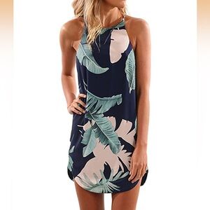 Tropical Leaf Print Mini Dress Swim Cover-Up